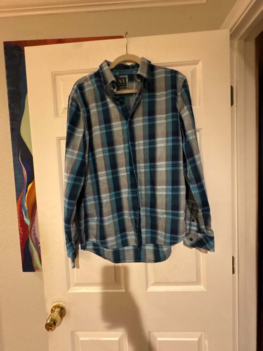 Armani Exchange Plaid Button Down Shirt Size L Blue Aqua